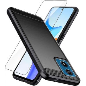 CAUC-Verre tremp&eacute; pour Motorola Moto G04 4G Coque Noir Fibre de Carbone + Verre tremp&eacute; Film Protecteur - Souple &Eacute;tui Carbon Fiber Housse Case Cover pour Motorola Moto G04 4G (6.56") - Neuf