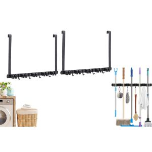 Support mural pour balai et serpilli&egrave;re avec crochets et pinces de porte, lot de 2 - Neuf