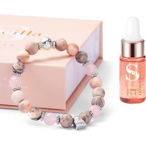 Bracelet Pour Femmes - Jaspe Zèbre Rose, Quartz Rose Et Pierre De Lave, Huiles Essentielles Pour Un Sommeil Reposant Avec Breloque Love Lock, Cadeaux Pour Elle, Coffret Cadeau D'aromathérapie - Neuf