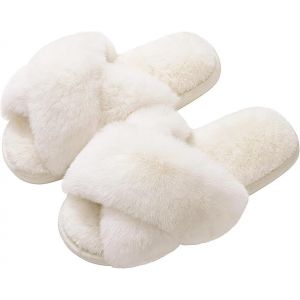 KALANKA-Pantoufles Moelleuses pour Femme, Pantoufles de Maison à Bande Croisée, Pantoufles en Fausse Fourrure, Pantoufles à Bou Ouvert en Fourrure, Chaussures de Maison Confortables en Peluche - Neuf