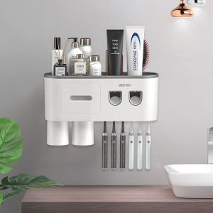 Porte-Brosse À Dents Mural Avec Double Distributeur Automatique De Dentifrice, 2 Gobelets (Gris, 2 Distributeurs De Dentifrice, 2 Gobelets), Porte-Brosse À Dents Avec Presse-Dentifrice - Neuf