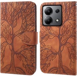 KAL-Coque Pour Redmi Note 13 4G, Arbre De Vie Papillon Motif Housse En Cuir Synth&eacute;tique Cover &Agrave; Rabat, Portefeuille &Eacute;tui De Protection Avec Fentes Pour Cartes, Brun - Neuf