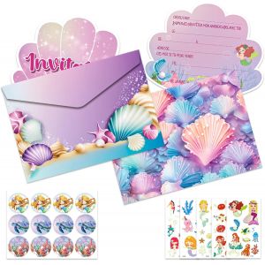 Mevronisshop-Invitation Anniversaire Fille, 12 Cartes D'invitation Sir&egrave;ne Coquillage En Fran&ccedil;ais Avec Enveloppes Et Autocollants, 5 Tatouages De Papillons, Invitation D'anniversaire Enfant Fille - Neuf