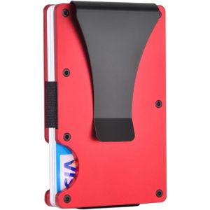 Portefeuille fin en métal RFID avec pince à billets ¿ Porte-cartes de crédit en aluminium pour homme et femme (rouge) - Neuf