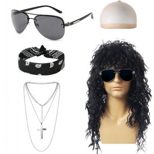 Trahoo-Punk Rock Perruque Longue Bandeau Noir Lunettes De Soleil Collier Croix Cap De Perruque, Rocker Déguisement Année 70 80 90, Deguisement Disco Homme Hippie Perruque Pour Halloween Fête Cosplay - Neuf