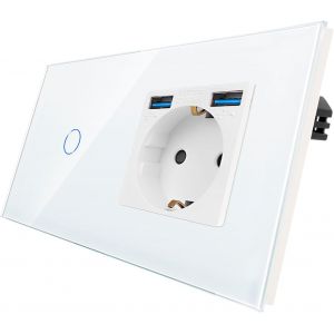 Interrupteur Tactile Avec Prise Schuko Et Ports USB-A 2,1 A-Prise USB Encastr&eacute;e-Interrupteur Mural en Verre Blanc Avec LED d'&Eacute;tat - Neuf