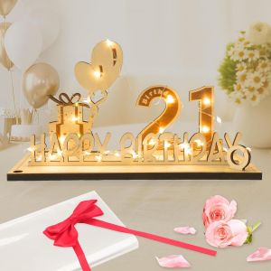 Carte Anniversaire 21 Ans, Décoration d`anniversaire Cadeau Homme Femme avec Chaîne Lumineuse LED & N?ud Papillon & Papier Cadeau, Panneau en Bois Cadeau Argent Décoration de Table Livre d'or - Neuf