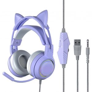 Casque d'oreille de chat avec micro de réduction de bruit pour filles Tous les oreillettes enveloppées Casque de jeu filaire sur l'oreille pour PC Violet - Neuf