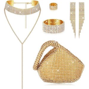 Meimie-6 Pcs Femmes Ensemble De Bijoux En Cristal Strass Collier Ras Du Cou Stretch Bracelet Bracelet Anneau Dangle Fringe Boucles D'oreilles Paillettes Bling Sac Àmain Pour La Fête Demariage - Neuf