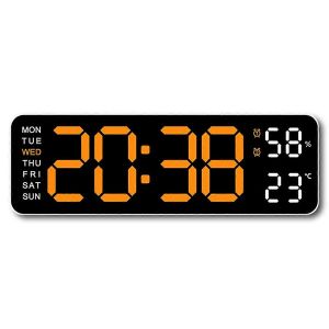 Grande horloge murale numérique température et humidité LED 12/24H orange - Neuf