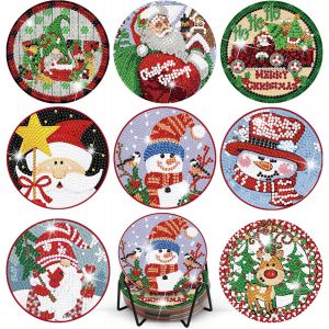 Oayew-8 Pièces Thème De Noël Diamond Painting Dessous De Verre, Gnome Snowman Santa Peinture Diamant Dessous De Verre Avec Support, Diamond Painting Bricolage Pour Boissons - Neuf