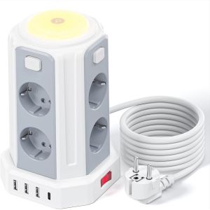 12 en 1 Multiprise avec Interrupteur (3600W/16A), 3M Tour Multiprise with 4 USB Ports and 8 Sockets, avec Lumi&egrave;re pour Le Bureau et la Maison - Neuf