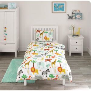 Sjzg-- Housse De Couette 140x200 Enfant - Imprim&eacute; Animaux De La Jungle/Aventures En Safari U2013 Parure De Lit Enfant R&eacute;versible Avec Taie D`Oreiller Pour Gar&ccedil;ons Et Filles - 1 Personne - Neuf