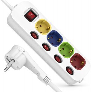 Multiprise 4 prises, commutable individuellement, avec c&acirc;ble d'extension de 5 m, multiprise avec interrupteur et s&eacute;curit&eacute; enfant pour salon, chambre &agrave; coucher, cuisine, bureau, bureau - Neuf