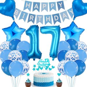 Décorations De 17e Anniversaire,Décoration De Gâteau D'anniversaire Garçon 17 Ans Bleu,Décorations De Fête Bleues,17e Anniversaire Fille Garçon,Décoration De Gâteau 17e Anniversaire Garçon Fille - Neuf