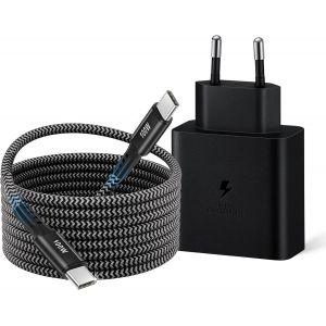 Chargeur Super Rapide USB-C 45 W, Type C Prise Secteur Rapide avec 2M 100W Nylon C&acirc;ble USB C pour Samsung Galaxy S25 S24 S23 S22 S21 S20 Ultra/Plus/FE, Note20/10+, A72 A55 A54, Tab S9 S8 S10 Ultra - Neuf