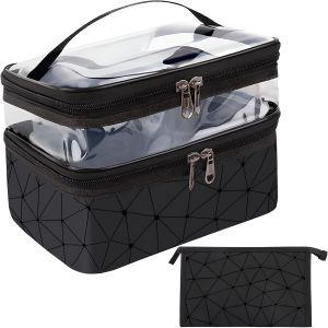 KALANKA-Trousse Maquillage Femme, Trousse de Toilette Femme, Lot de 2 Vanity Trousse de Toilette (Grand+Petit), Double Trousse de Toilette Transparente, Grande Capacit&eacute;, Imperm&eacute;able - Neuf