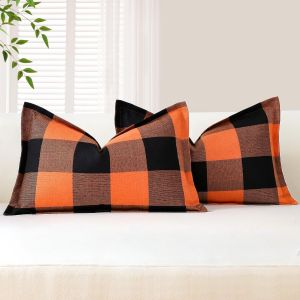 Trahoo-Lot De 2 Housses De Coussin Lombaire D&eacute;coratives &Agrave; Carreaux De Buffle En Lin Avec Bords Cousus Pour Canap&eacute;, Lit, Salon, 30,5 X 50,8 Cm (Orange Et Noir) - Neuf