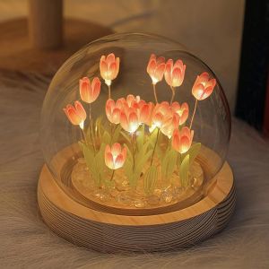 Veilleuse Led En Forme De Tulipe En Forme De Fleur De Cristal Avec Base En Bois, Fonctionne &Agrave; Piles, Atmosph&egrave;re De Nuit, Simulation De Sommeil, Enfants, Filles, Couples, Amis, Cadeau D'ambiance (Rose - Neuf