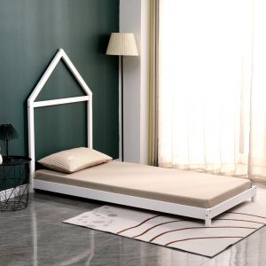 Lit en pin massif blanc 90x190 cm avec 10 lattes en contreplaqu&eacute; de peuplier - Montage rapide et facile - Laetitia - Neuf