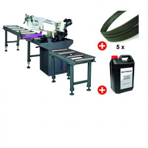 Scie &agrave; ruban pour m&eacute;taux 0-60&deg; capacit&eacute; 225 mm 1,5 kW 230V y compris 2 convoyeurs 3M 5 lames de scie 1 bidon de 5L Optisaw S275NV PACK 3 - Neuf