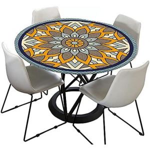 Mandala Rondes Nappes Avec Bord Élastique, Imprimé Nappes Rondes Anti Taches Lavable, Imperméable Polyester Nappe De Table Pour Cuisine Jardin Fête Table (Bleu Jaune,100cm) - Neuf