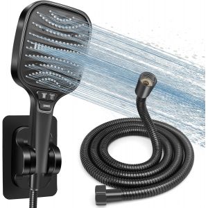 JGD-Kit Douche Haute Pression, Pommeau de Douche Anti-Calcaire 120mm 8 Modes + Tuyau 1.5m Inox + Support Sans Per&ccedil;age, Douchette &Eacute;conomie d'Eau, Compatible Salle de Bain(Noir) - Neuf