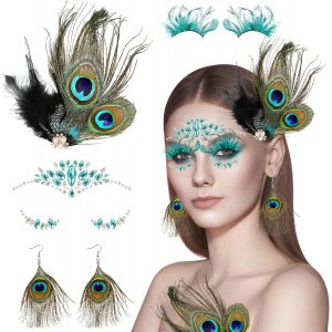 Kal-4 Pièces Barrette À Cheveux Plume De Paon Déguisement Carnaval Femme Filles Boucle D'oreille Plume Cheveux Faux Cils Strass Autocollant Visage Déguisement Année 80 90 70 60 Accessoire De Cheveux - Neuf