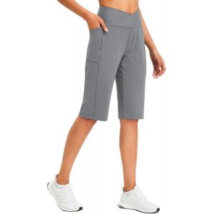 Bermuda Long Pour Femme, Longueur Genou, Longueur Genou, Short Athl&eacute;tique Taille Haute Avec Poches, Extensible, Doux, Ample, D&eacute;contract&eacute; Pour L'&eacute;t&eacute; - Neuf