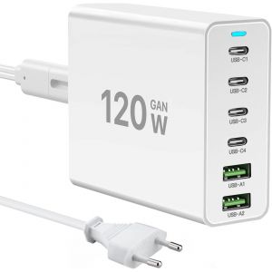 Chargeur Usb C 120w Gan¿Multiple Chargeur Usb¿4usb-C + 2usb-A¿ Chargeur Pd, 6 Ports Usb C Station De Charge Compatible Avec Iphone/Samsung/Google/Tablet/Mobil Power Et Autres Appareils Usb (Blanc) - Neuf