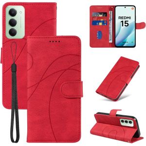 KALANKA-Coque pour Xiaomi Redmi 15 4G/5G avec 1 Pi&egrave;ces Verre Tremp&eacute; Protection, Premium PU Cuir Multifonction Magn&eacute;tique Portefeuille &agrave; Rabat Flip Housse &Eacute;tui pour Xiaomi Redmi 15 4G/5G - Rouge - Neuf