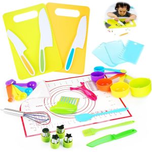 Ulteronixshop-29 Pieces KIT Cuisine Enfant, 2 en 1 ustensiles de Cuisine Enfant Set, Couteaux S&eacute;curis&eacute;s und kit Patisserie, Couteau Dinette Enfants Montessori partir de 3 Ans - Neuf