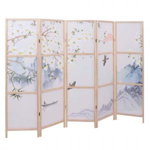 Paravent HWC-O70, cloison de s&eacute;paration, protection visuelle, s&eacute;paration de pi&egrave;ce, motifs naturels, bois, MVG, poly&eacute;thyl&egrave;ne, 170 x 227 cmpaysage fluvial - Neuf