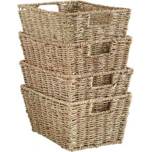 Mevronisshop-Lot De 4 Paniers De Rangement En Jonc De Mer Tressés À La Main ¿ Paniers Tressés Avec Poignée - Paniers Tressés De Rangement Emboîtables ¿ Pour Salle De Bains, Chambre, Bureau, Étagères - Neuf