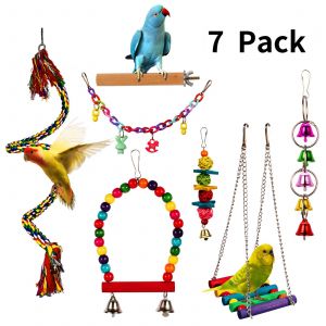 Hjlian Jouet Combine Pour Perroquet 7 Pieces, Jouet Pour Oiseau, Corde D'escalade, Pont, Support, Baton, Balancoire Coloree, Corde De Cloche (Les Cloches Peuvent Sonner) - Neuf