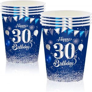 ERYI-16 Pièces Gobelets En Papier Pour Fête Anniversaire 30 Ans,Bleu Argent Papier Tasse Pour Décoration Anniversaire 30 Ans Homme Femme - Neuf