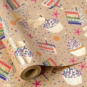 Rouleau De Papier Cadeau Kraft - Mini Rouleau - Motif Gâteau D'anniversaire Et Pois En Feuille D'or Idéal Pour Les Anniversaires, Les Vacances, Les Fêtes Et Plus Encore - 43,2 Cm X 5 M - Neuf