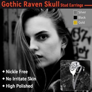 Boucles D'oreilles Homme Viking Crâne De Corbeau,Clous D¿Oreille Clou Et Puces Vikings Nordique Acier Inoxydable/Or/Noir,Bijoux Gothique Biker.[X3213] - Neuf