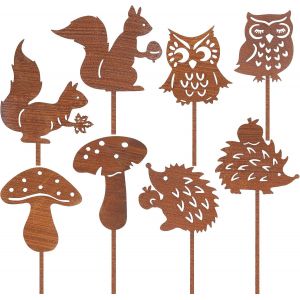 Mevronisshop-Lot De 8 Piquets De Jardin Aspect Rouille Pour Décoration D'automne En Extérieur, 25 Cm, Décoration De Jardin Avec Hibou, Hérisson, Champignons Et Écureuils, En Métal Des Deux Côtés, Pou - Neuf