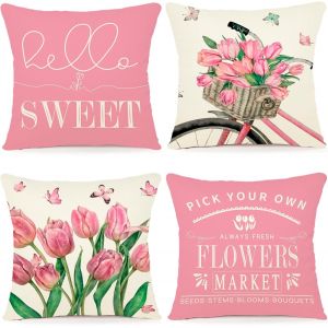 Cauc-Lot De 4 Housse Coussin 40x40 Printemps Florale Peinture &Agrave; L'aquarelle Housses De Coussin D&eacute;coratives En Lin Taie Oreiller De Canap&eacute; Housse De Coussincarr&eacute; Pour Lit Voiture De La Maison Canap&eacute; - Neuf