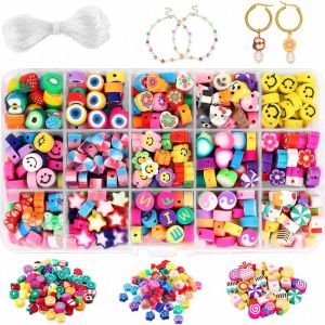 300pcs Argile De Polymère Perles, Fait Main Smiley Fruits Perles, 15 Styles De Flower Lettre Perles Soft Pour Les Filles, Bricolage, Fabrication De Bijoux Bracelet Collier Boucle D'oreille - Neuf