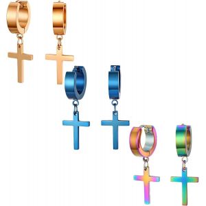 Eryi-Acier Inoxydable Clou D'oreille Boucle D'oreille Clou D'oreille Argent Noir Doré Ronde Croix Pendentif Rétro Homme Femme - Neuf