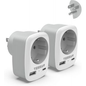 JGD-Lot de 2 Adaptateur Prise USA, 3 en 1 Adaptateur Prise France vers USA 1250 W, Adapter Canada avec USB C et USB A, Chargeur Americain pour Philippines, Mexique, Thailande, P&eacute;rou - Neuf