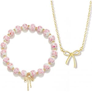 Set Collier Femme Et Bracelet Perles, Collier N?Ud Plaqu&eacute; Or 14k Et Bracelet &Eacute;lastique Perles Pierre Naturelle, Bijou Femme &Eacute;l&eacute;gant,Pendentif Dor&eacute; Et Tendance, Cadeaux Pour Filles Et Femmes - Neuf