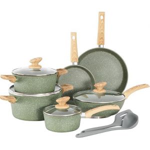Subzonal-12 Pi&egrave;ces Casseroles Et Po&ecirc;les Induction Rev&ecirc;tement Anti-Adh&eacute;sif Avec Couvercle En Verre Set De Casserole Et Po&ecirc;le Batterie De Cuisine &Agrave; Induction, Cuisini&egrave;res &Agrave; Gaz (Vert, 12 Pi&egrave;ces) - Neuf