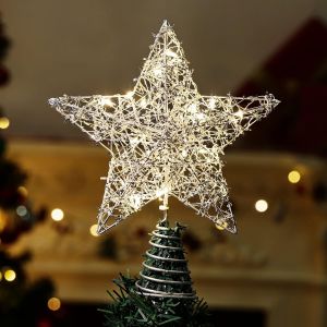 Étoile de noël en argent de la batterie, de la décoration pour arbre de Noël, avec minuterie et bandes d'argent, 20 LED, de grillage pour la décoration intérieure et extérieure - Neuf