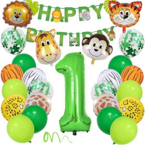 Jungle Décoration Anniversaire 1 An Garçon Fille,Déco Fête avec Ballons Animaux Safari,Banderole Happy Birthday,Ballon Jungle Bébé - Neuf