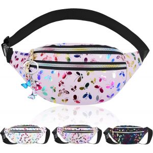 RFCBC-Sac Banane Holographique Femme, Sacoche Banane ville Imperméable Cuir PU, Sac de Taille Réglable avec Pendentif Papillon Porte-clés pour Filles Voyage Randonnée Camping Les activités de Plein a - Neuf