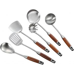 Mevronisshop-6 Pi&egrave;ces Set De Cuisine Inox Avec Cuill&egrave;res, Spatules Et Ustensiles, Manche Stratifi&eacute; En Poirier - Neuf