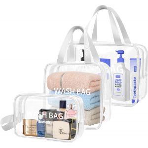 KALANKA-ZIOISNM Trousse de Toilette Femme en PVC Étanche, 3PCS Trousse de Toilette Voyage Transparente, Trousse Maquillage Légère pour Valise Avion et Plage Accessoires (Blanc) - Neuf